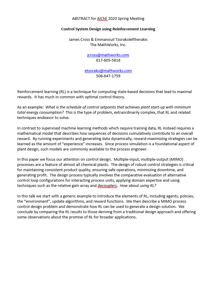Control System Design Using Reinforcement Learning AIChE