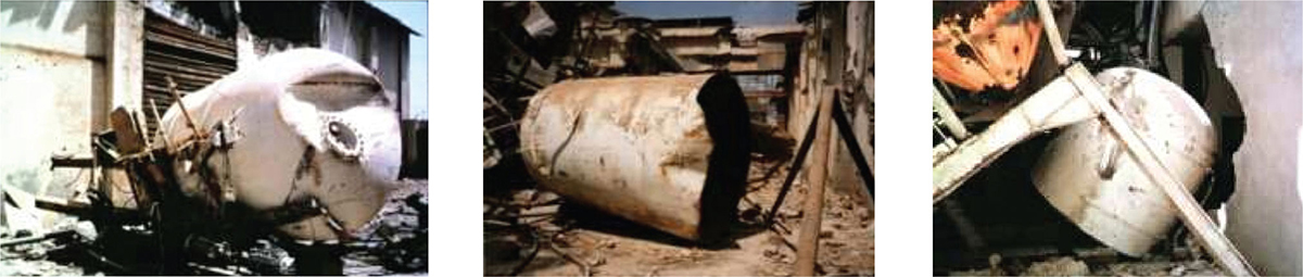 The explosive tank split into two pieces, propelled in different directions