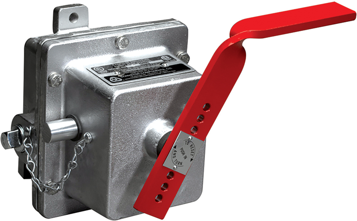 The Model RS is a rugged safety stop control that shuts off conveyors and other moving equipment in emergencies. It is operated by simply pulling the cable. The outputs of the safety pull cord can control up to four separate circuits, depending on the model. The housing is constructed of corrosion-resistant cast aluminum with optional polyester or epoxy powder coating.