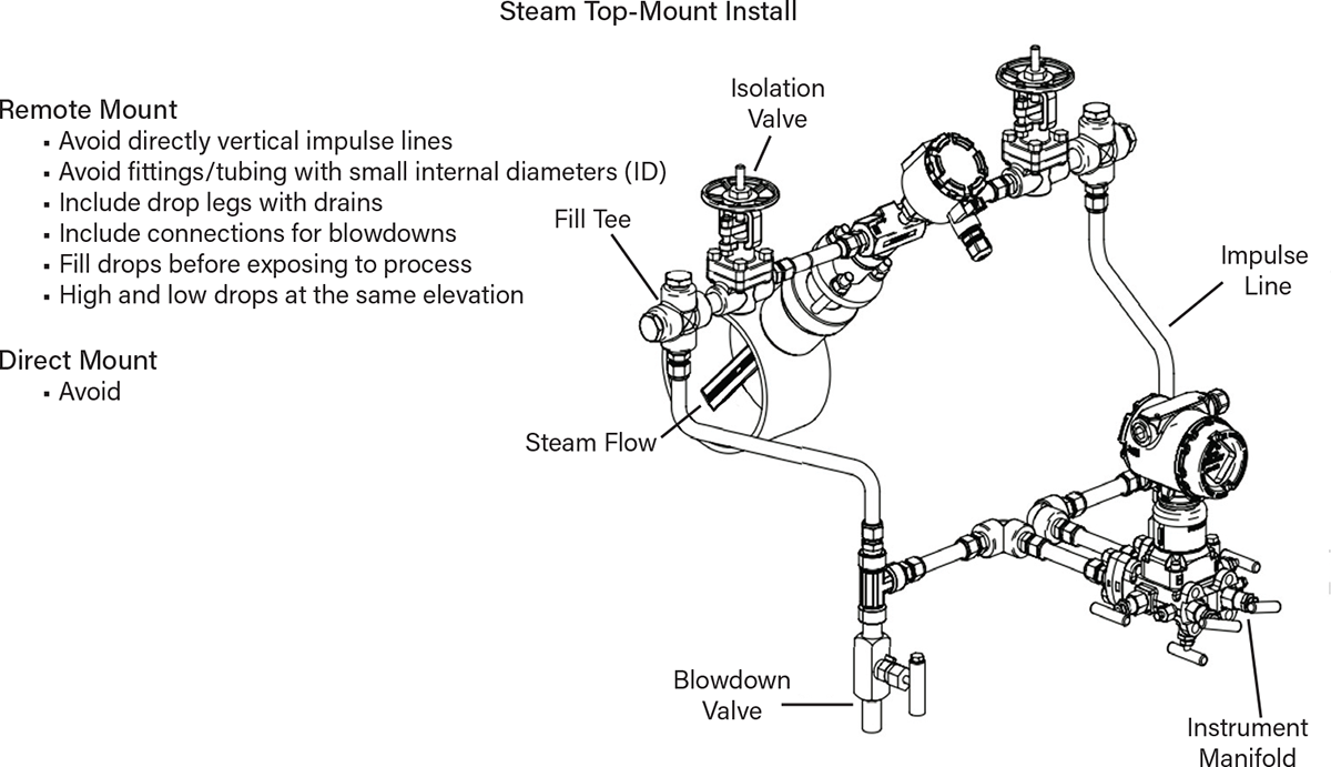 For top-mount installations in steam applications, it is best to use a remote mount and avoid direct mounts