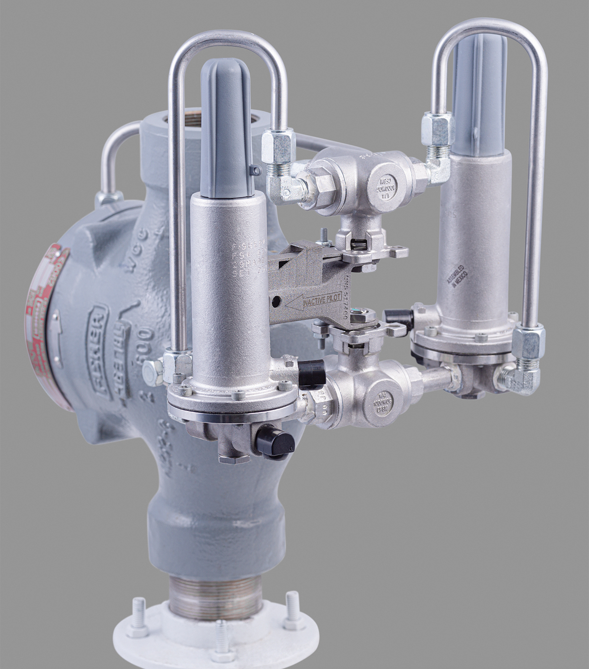 Fisher 63EGLP-16 pilot-operated relief valve, designed for safety in pressurized bullet tanks storing liquid propane and anhydrous ammonia.
