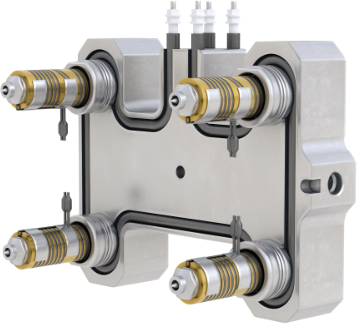 EcoONE Series hot runners facilitate resin transfer into molds, versatile for small commodities production, offering five standard non-valved and five standard valved gating options.