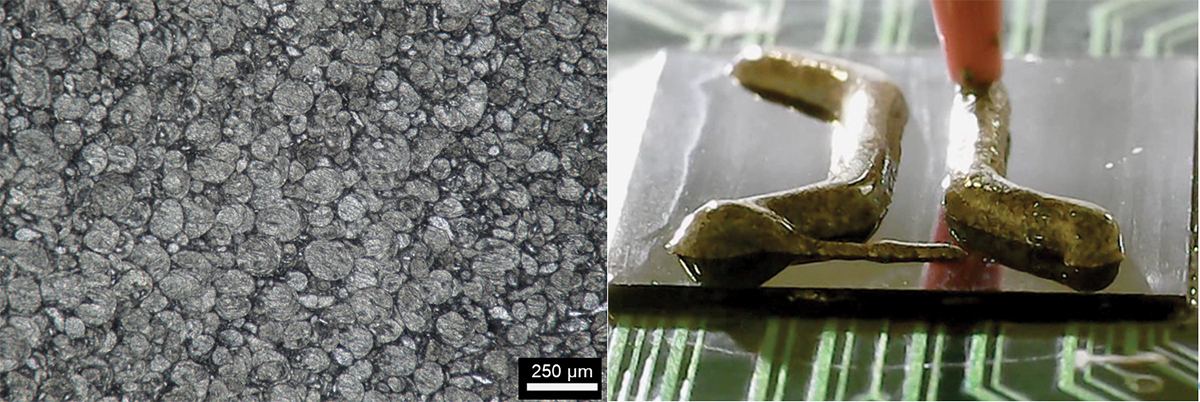 Arieca’s liquid metal embedded elastomer (LMEE) combines liquid metals with proprietary elastomer blends to create stable and robust thermal interface materials for the semiconductor industries. The left image shows liquid metal droplets compressed between glass slides, highlighting their high-volume loading and ability to conform to their environment, and the right image shows LMEE being dispensed onto a silicon die.