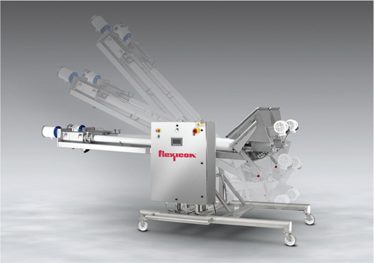 twin tilt-down fl exible screw conveyor system includes dual hoppers on a common mobile base