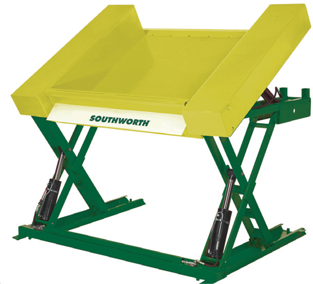 ZLS-T lifter and tilter: independent lift/tilt controls, flush with floor when lowered, raises to 33.5 in., tilts up to 30 deg, 2,000-lb or 4,000-lb capacity, powered by 1-hp motor