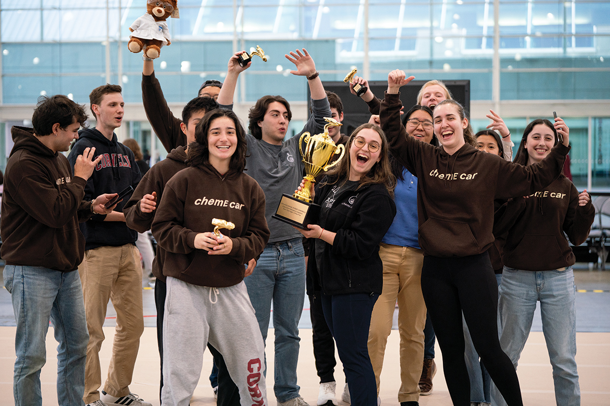 Cornell Univ. (above) won a record fifth Chem-E-Car performance competition with its vehicle “Under Pressure,” which used a pressurized CO2 propulsion system. The car stopped 12.4 cm from the 26.2 m target distance.