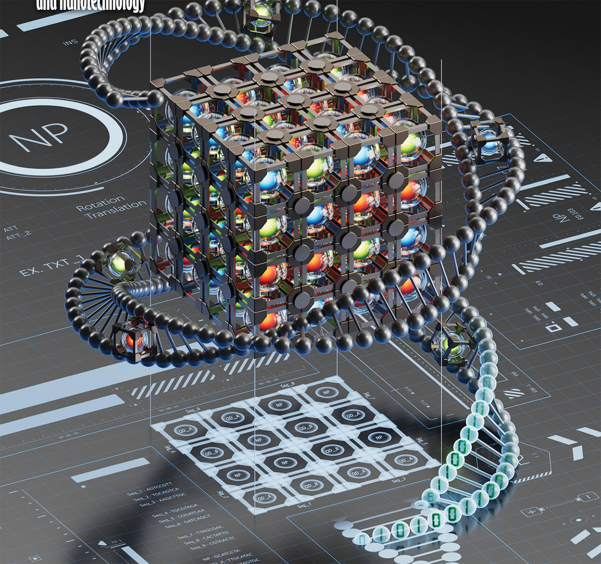 Artistic rendering of 3D hierarchically ordered nanoparticle structures assembled with DNA-programmable bonds