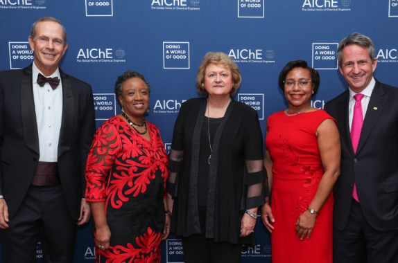 Pictured above L to R: Michael Wirth, Chairman of the Board and CEO of Chevron; Christine Grant, 2022 AIChE President; Darlene Schuster, AIChE CEO and Executive Director; Paula T. Hammond, Institute Professor and Department Head of Chemical Engineering (Koch Institute for Integrative Cancer Research at MIT); and Christophe Beck, Chairman and CEO of Ecolab. Credit: Natural Expressions NY Photography.