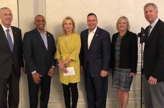 L to R: Jim Fitterling, CEO, Dow; Daryl Roberts, chief operations and engineering officer, DuPont; Lori Ryerkerk, CEO, Celanese; Mark Vergnano, president and CEO,  Chemours; June Wispelwey, executive director and CEO, AIChE; and Cal Dooley, president and CEO, ACC. 