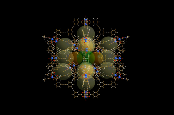 The structure of the newly developed "molecular cage," or MOP.