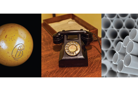 Various materials have been used to produce and manufacture goods throughout the years. (left) Billiard balls used to be made from ivory, which was harvested from elephants. (center) Bakelite, the first fully synthetic plastic, was a popluar choice in manufactured goods like the early plastic telephones and radios. (right) Polyvinyl chloride (PVC), plasticized in the early 20th century, is widely used in piping systems.