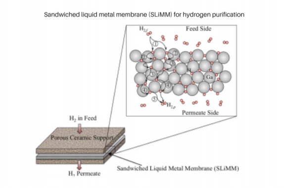 Schematic of the H2 permeation process through a dense liquid metal membrane involving sequential steps of: ① surface dissociative adsorption, ② subsurface penetration, ③ bulk metal diffusion, ④ egression to surface, and ⑤ reassociation of H atoms on the surface to form molecular H2.