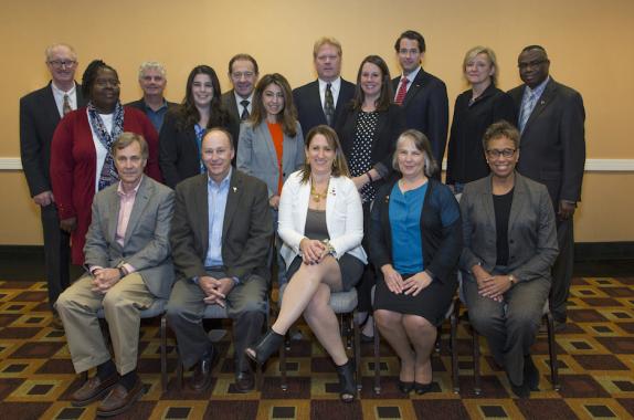 AIChE's Board of Directors for 2018: Front row from left: Freeman Self, T. Bond Calloway, Jr., Christine Seymour, Kimberly Ogden, Rosemarie D. Wesson. Back row from left: Joseph Powell, Mary Kathryn (Kathy) Lee, Gregory Frank, Kate Gawel, Al Sacco, Marianthi Ierapetritou, Timothy Olsen, Meagan Lewis, Billy Bardin, June Wispelwey (AIChE Executive Director), Timothy Odi. Not shown: Kristi Anseth, Lori McDowell.