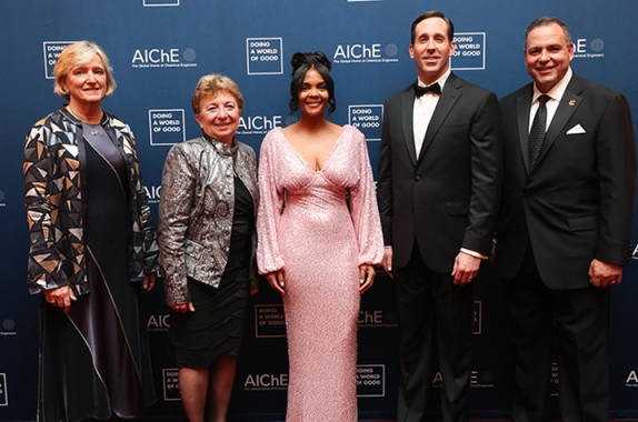 Founding partners of the Future of STEM Scholars Initiatives were among the honorees at the 2021 AIChE Gala on December 1. From left: June C. Wispelwey, AIChE’s Executive Director and CEO; Deborah Grubbe, AIChE’s 2021 President; honoree Ashley Christopher, Founder and CEO, HBCU Week Foundation; honoree Chris Jahn, President and CEO, American Chemistry Council; and honoree Mark Vergnano, Chairman of the Board of the Chemours Company. Photo credit: Natural Expressions NY