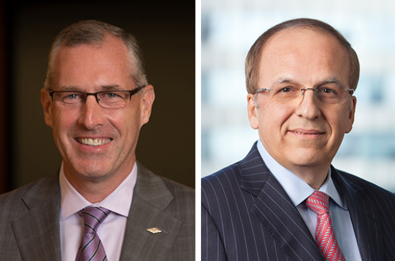 Dow's Jim Fitterling (left) and Arsenal Capital Partners' John Televantos (right) are co-chairs of the AIChE Foundation's "Doing a World of Good" campaign