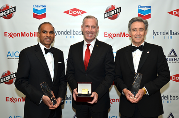 2017 Gala Honorees — From left: Bhavesh V. (Bob) Patel (LyondellBasell, Jim Fitterling (Dow), Jack Futcher (Bechtel)
