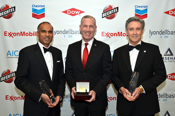 2017 Gala Honorees — From left: Bhavesh V. (Bob) Patel (LyondellBasell, Jim Fitterling (Dow), Jack  Futcher (Bechtel)