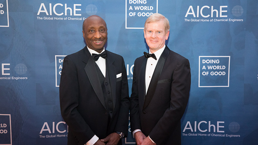 Merck & Company, represented by Chairman and Chief Executive Officer Kenneth C. Frazier (left), and Procter & Gamble Company, represented by Chairman, President and Chief Executive Officer David S. Taylor (right), received honors at the 2019 AIChE Gala, December 3 in New York City. Photo: Hassan Mokaddam, HMPhotoshoots