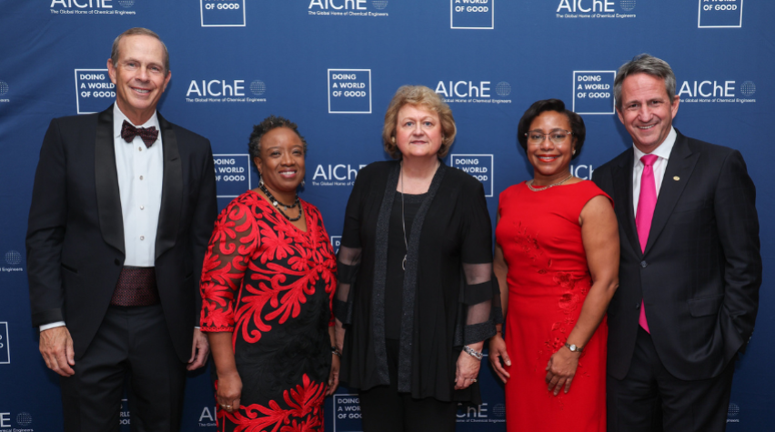 Pictured above L to R: Michael Wirth, Chairman of the Board and CEO of Chevron; Christine Grant, 2022 AIChE President; Darlene Schuster, AIChE CEO and Executive Director; Paula T. Hammond, Institute Professor and Department Head of Chemical Engineering (Koch Institute for Integrative Cancer Research at MIT); and Christophe Beck, Chairman and CEO of Ecolab. Credit: Natural Expressions NY Photography.