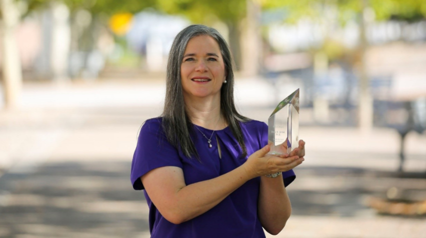 Pictured above is Anne Grillet after receiving the SWE Prism award for technical accomplishments and professional leadership in September 2020.