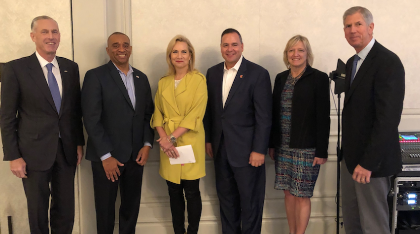 L to R: Jim Fitterling, CEO, Dow; Daryl Roberts, chief operations and engineering officer, DuPont; Lori Ryerkerk, CEO, Celanese; Mark Vergnano, president and CEO,  Chemours; June Wispelwey, executive director and CEO, AIChE; and Cal Dooley, president and CEO, ACC. 