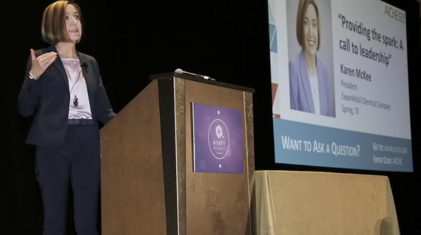 Karen McKee, president of ExxonMobil Chemical Company, addressing chemical engineering students to kick off the 2019 AIChE Annual Student Conference in Orlando, FL. 