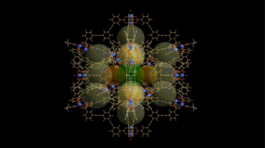 The structure of the newly developed "molecular cage," or MOP.