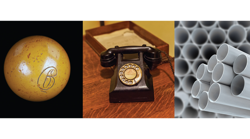 Various materials have been used to produce and manufacture goods throughout the years. (left) Billiard balls used to be made from ivory, which was harvested from elephants. (center) Bakelite, the first fully synthetic plastic, was a popluar choice in manufactured goods like the early plastic telephones and radios. (right) Polyvinyl chloride (PVC), plasticized in the early 20th century, is widely used in piping systems.